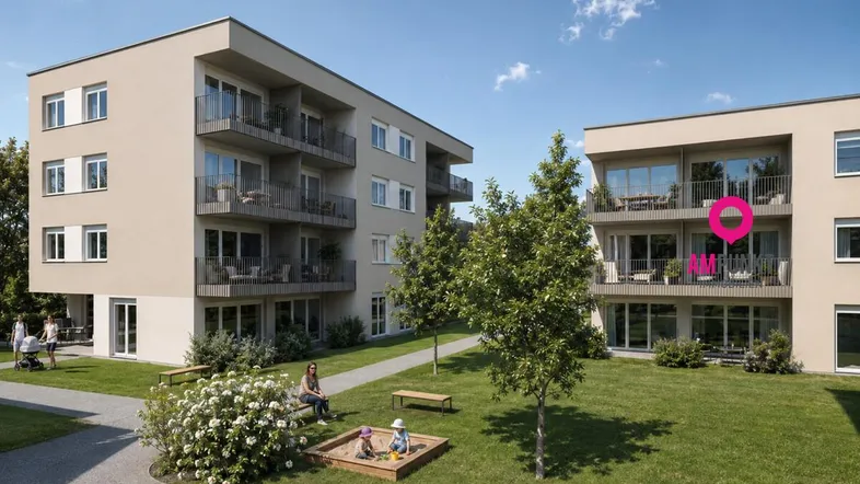 Moderne Wohngebäude mit Balkonen und einem gepflegten Gemeinschaftsgarten inklusive Sandkasten.