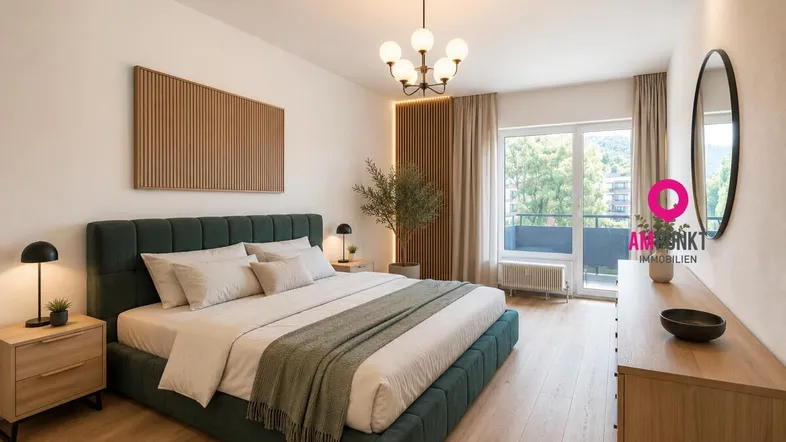 Modernes Schlafzimmer mit Holzboden, großem Bett und Balkonzugang.