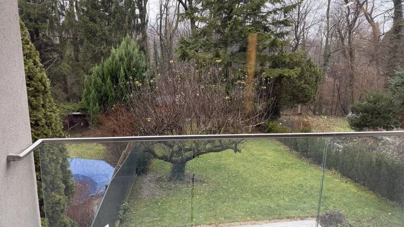 Moderner Balkon mit Glasgeländer und Blick auf den grünen Garten mit altem Baum.