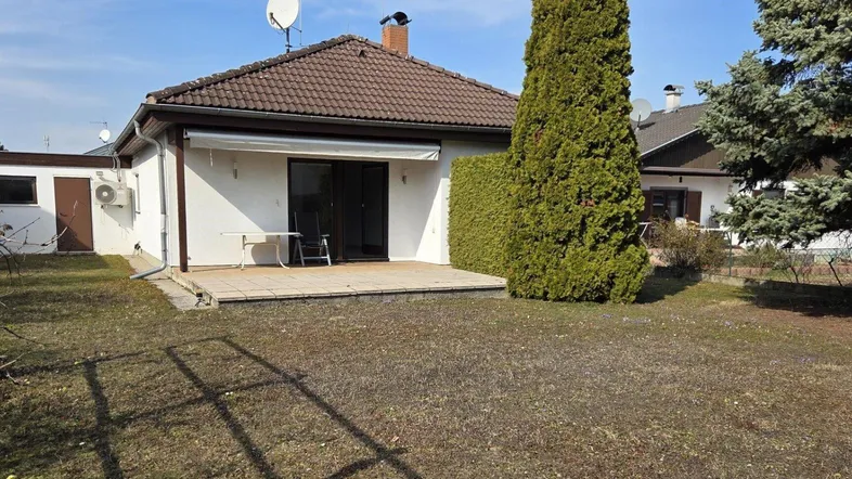 Hinterhof mit kleiner Terrasse, Rasenfläche und hohen Bäumen im Garten.