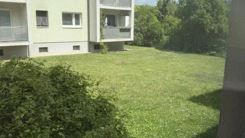 Blick aus dem Fenster auf eine grüne Rasenfläche und den Balkonbereich eines angrenzenden Gebäudeteils.