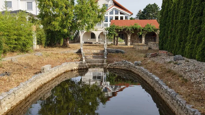 Blick auf das Anwesen mit einem Teich, Steintreppen und einem großen Baum im Gartenbereich.
