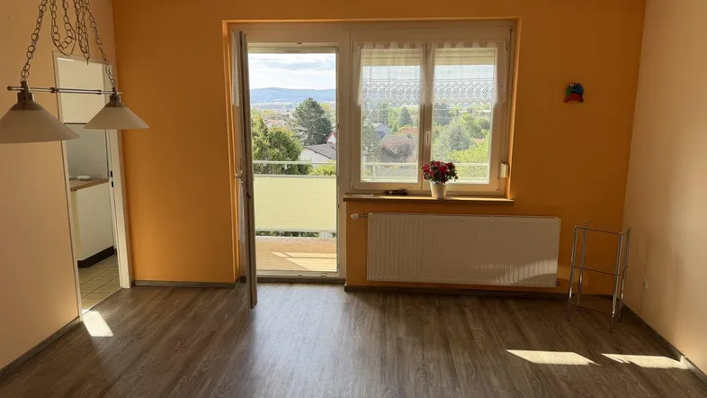 Helles Wohnzimmer mit Laminatboden, orangefarbenen Wänden und Zugang zum Balkon mit Weitblick.