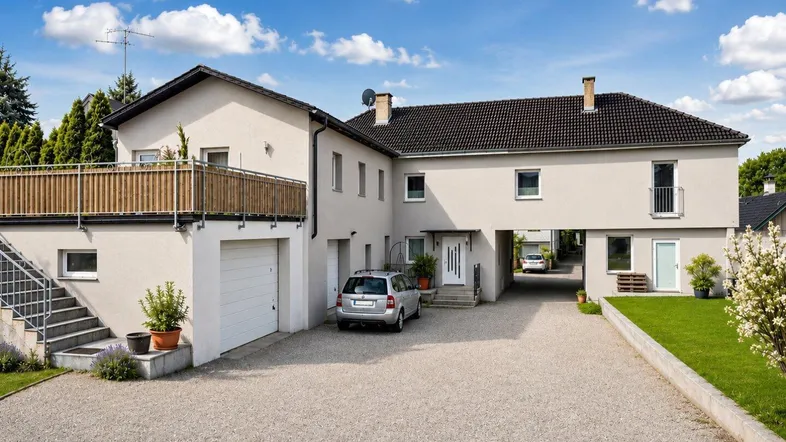 Großzügiges Anwesen mit Hauptgebäude, Garage und weitläufiger Kiesauffahrt unter blauem Himmel.