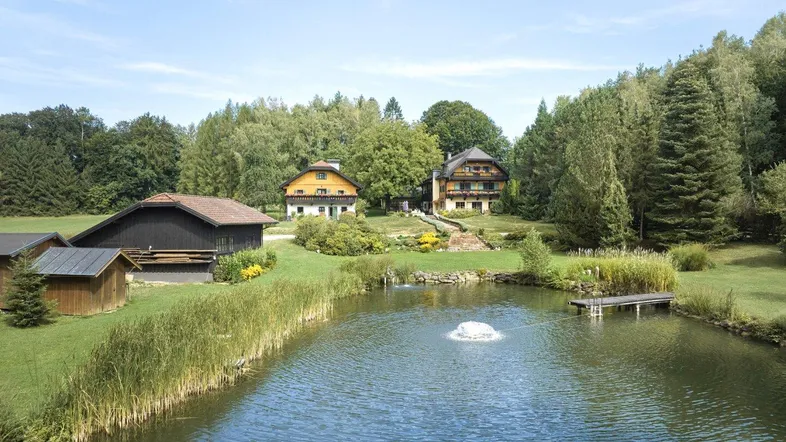 Weitläufiges Anwesen mit mehreren Gebäuden, einem Teich und umgebender Naturlandschaft.