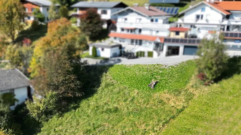 Eine malerische Ansicht von Häusern in einer grünen Hügellandschaft mit Bäumen und Solaranlagen.
