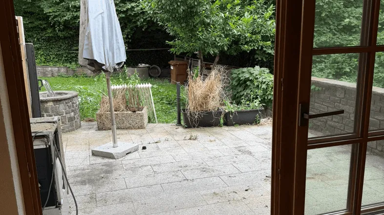 Heller Innenraum mit Holzboden und direktem Zugang zu einer gepflasterten Terrasse und Garten.