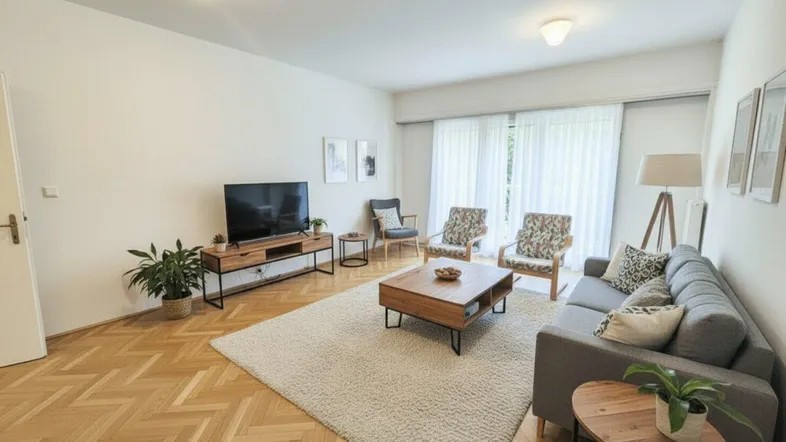 Helles Wohnzimmer mit Parkettboden, bequemer Couch und Zugang zu großen Fenstern.