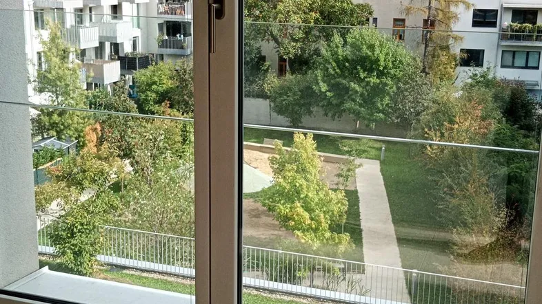 Blick aus dem Fenster auf einen grünen Innenhof mit Bäumen und umliegenden Gebäuden.