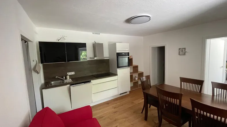 Offener Wohn- und Essbereich mit integrierter Küche, Holzboden und rotem Sofa.
