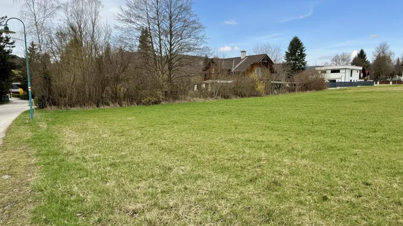 Offene Grünfläche mit einem Weg und Laterne am Rand, umgeben von Bäumen und Häusern in der Ferne.