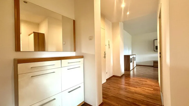 Heller Flur mit Holzparkettboden, modernem Schuhschrank und großem Wandspiegel.