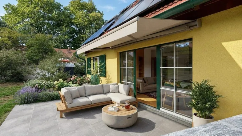 Große geflieste Terrasse mit bequemer Lounge-Sitzgruppe und Markise, ideal für entspannte Stunden im Freien.