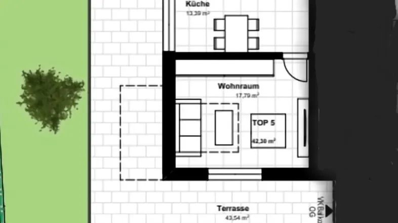 Grundrissplan zeigt einen Wohnraum, Küche, Bad, Garderobe sowie eine Terrasse und einen Gartenbereich.
