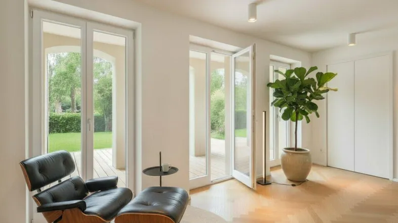 Helles Wohnzimmer mit bequemen Lounge-Sessel, großer Pflanze und Zugang zum Garten.