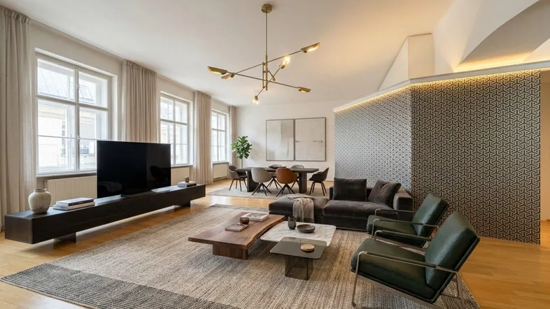 Modernes Wohn- und Esszimmer mit Holzboden, stilvollen Möbeln und großen Fenstern für viel Tageslicht.