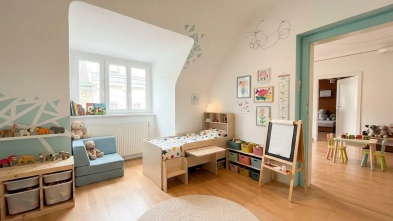 Helles Kinderzimmer mit Holzboden, Dachschräge und verspielter Wandgestaltung.