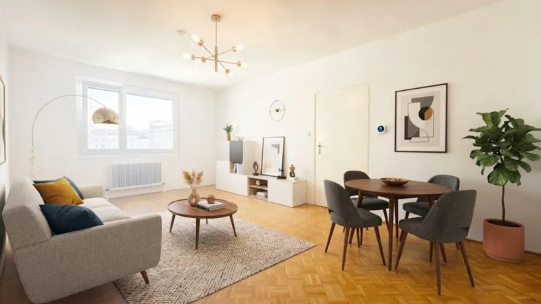 Heller Wohn- und Essbereich mit Parkettboden, modernen Möbeln und großem Fenster.