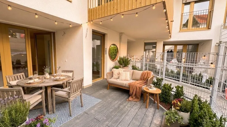 Gemütliche Terrasse mit Essbereich, Lounge-Möbeln und dekorativer Beleuchtung, ideal für entspannte Stunden im Freien.