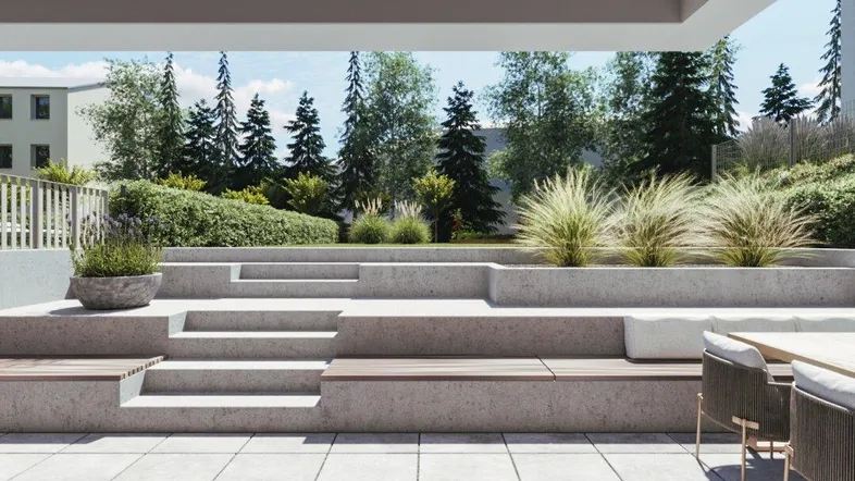 Moderne Terrassenanlage mit integrierten Sitzgelegenheiten, Stufen und üppiger Bepflanzung.