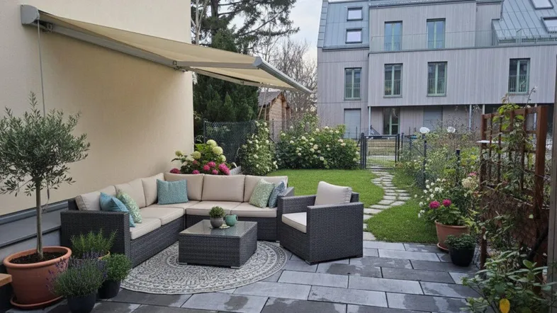 Gemütliche Terrasse mit bequemen Gartenmöbeln, Markise und Blick auf den gepflegten Garten.