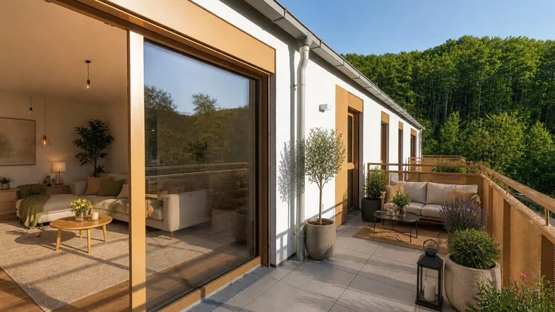 Großzügige Terrasse mit Sitzgelegenheiten und Blick ins Grüne, verbunden mit dem Wohnbereich.