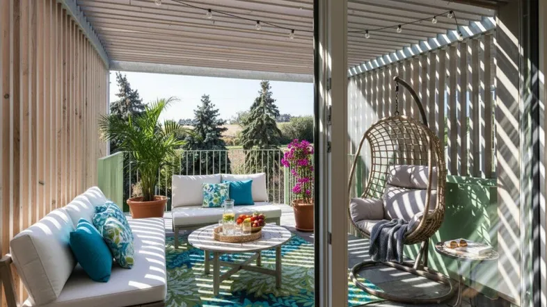 Gemütlicher Balkon mit bequemen Loungemöbeln, Hängesessel und Blick ins Grüne.