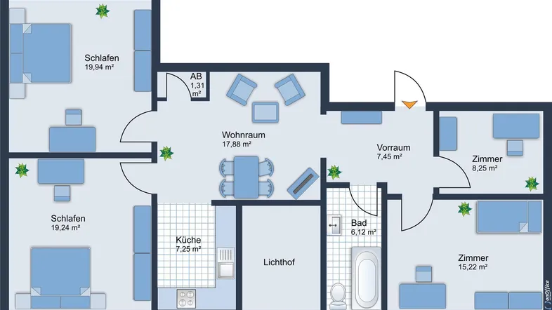Detaillierter Grundriss der Wohnung mit mehreren Schlafzimmern und offenem Wohnbereich.