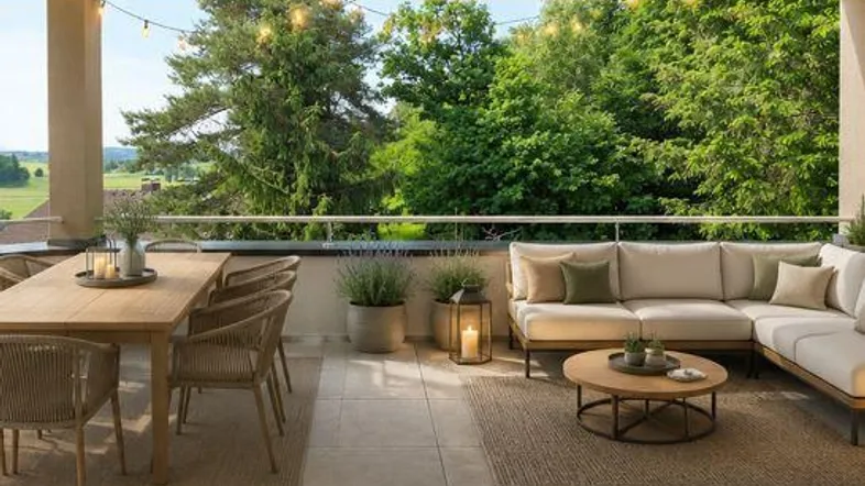 Großer möblierter Balkon mit Essbereich, Lounge-Sofa und weitem Blick ins Grüne.