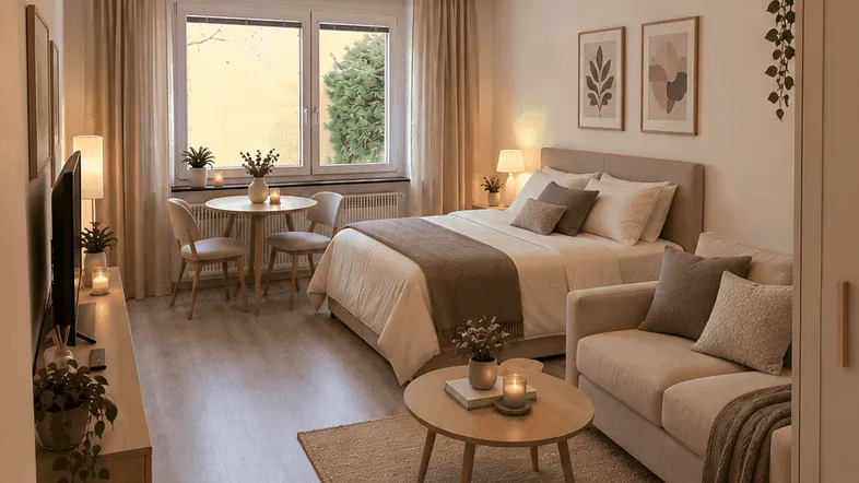Helles Schlaf- und Wohnzimmer mit Laminatboden, Esstisch, Sofa und Blick ins Grüne.
