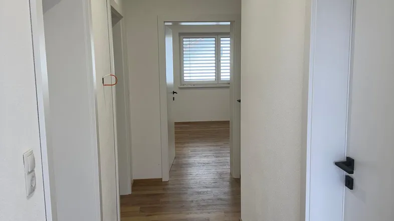 Heller Flur mit modernem Laminatboden und mehreren Türen zu angrenzenden Räumen.
