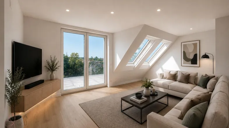 Helles Wohnzimmer mit moderner Einrichtung, Holzboden, Dachschrägen und Zugang zur Terrasse.