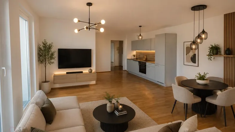Modernes, offenes Wohnzimmer mit integrierter Küche, Essbereich und stilvoller Einrichtung.