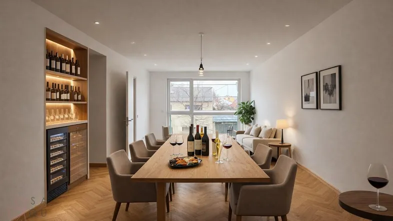 Geräumiger Wohn-Essbereich mit großem Esstisch, Weinregal und gemütlicher Sitzecke.