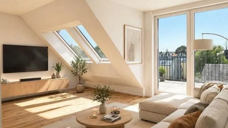 Helles Wohnzimmer mit modernem Sofa, Holzboden und Zugang zu einer sonnigen Terrasse.