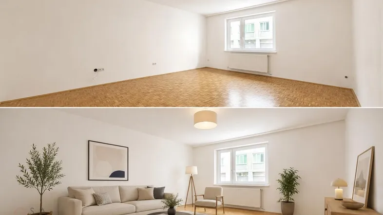 Heller Wohnraum mit Parkettboden, virtuell als gemütliches Wohnzimmer inszeniert.