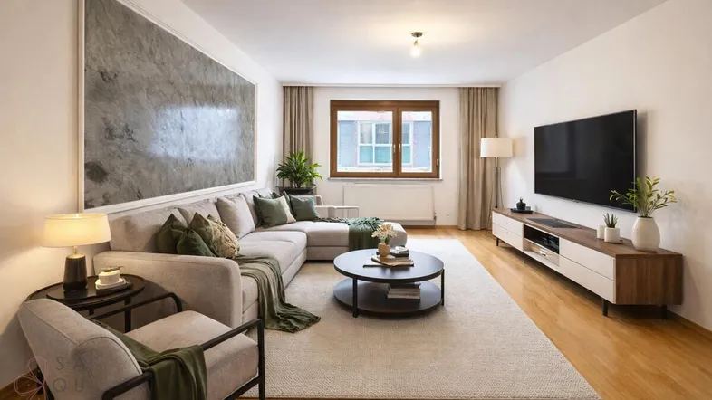 Helles Wohnzimmer mit beigem Ecksofa, Holzboden und einem großen Fenster.