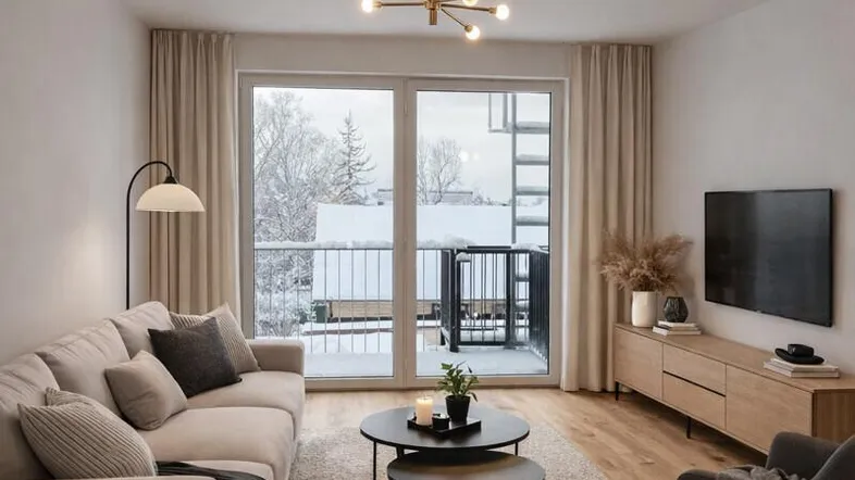 Modernes Wohnzimmer mit hellem Sofa, Holzboden und Zugang zu einem Balkon mit Winterlandschaft.