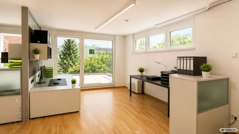 Helles und modernes Büro mit großen Fenstern, Holzboden und Blick ins Grüne.