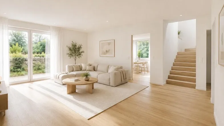 Helles Wohnzimmer mit Holzboden, beigem Sofa und Zugang zum Garten, daneben eine Holztreppe.
