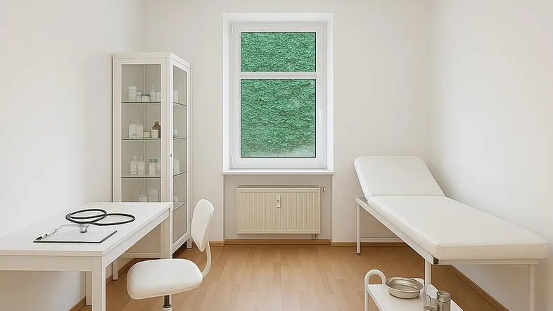 Helles Behandlungszimmer mit Untersuchungsliege, Schreibtisch und Blick ins Grüne.