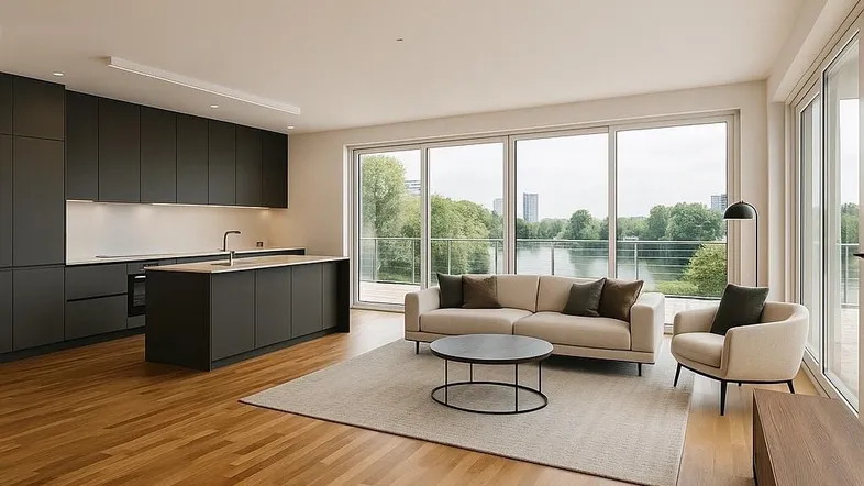 Moderner offener Wohnbereich mit integrierter Küche, Holzboden und großen Fenstern mit Blick auf die Natur.