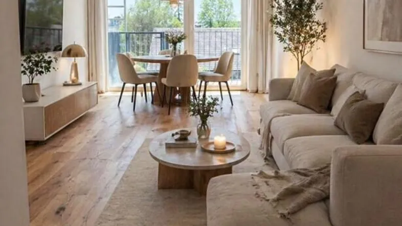 Heller, offener Wohn- und Essbereich mit Holzboden, beigem Sofa und Zugang zum Balkon.