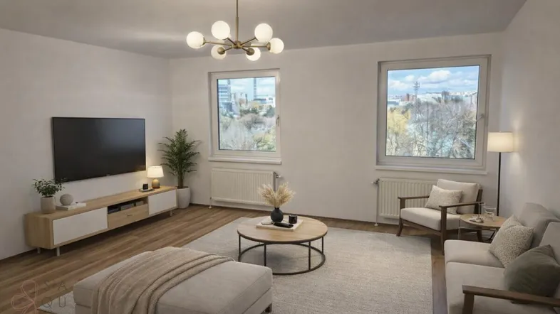 Modernes, helles Wohnzimmer mit großen Fenstern, Parkettboden und stilvoller Einrichtung.