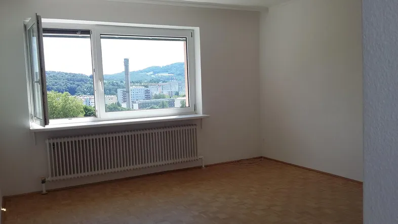 Heller, leerer Raum mit Parkettboden, großem Fenster und Heizkörper, bietet weite Aussicht.