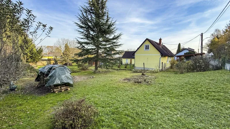 Großer Gartenbereich mit Rasenfläche, Bäumen und einem gelben Haus im Hintergrund unter blauem Himmel.