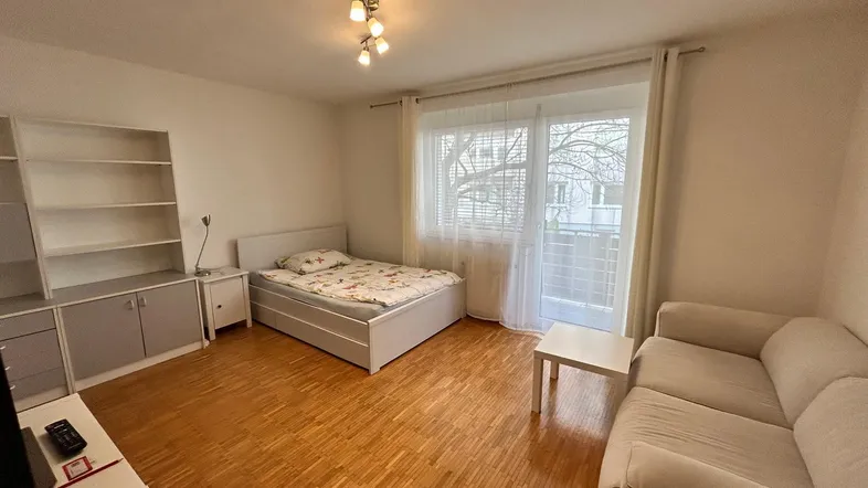 Helles Wohnzimmer mit Parkettboden, Schlafbereich und Zugang zum Balkon.