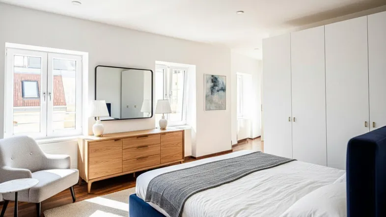 Helles Schlafzimmer mit Holzboden, Einbauschränken und modernen Möbeln.
