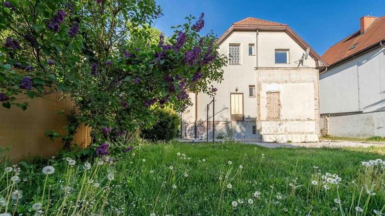Hinteransicht des Hauses mit blühendem Fliederbusch und großem Gartenbereich, der auf Sanierung wartet.