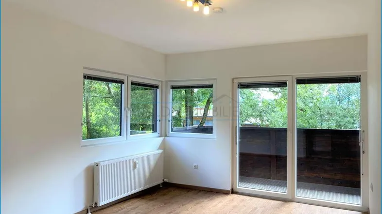 Helles Zimmer mit Laminatboden, großen Fenstern und Zugang zu einem Balkon mit Blick ins Grüne.